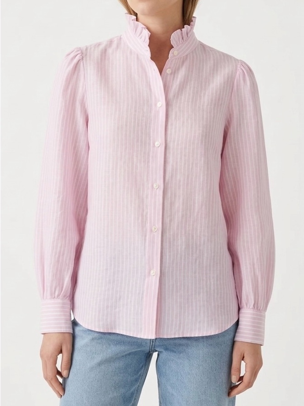 J.McLaughlin Julian Ruffle Linen Blouse Pink Stripe XS Cottagecore Coastal Boho